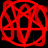 Red pentagram symbol on black background with six pixelated buddy icons below showing figures in yellow, black, red, gray, and blue clothing with white circular heads.