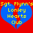 Two identical blue heart shapes with red cracks on a red background, each containing yellow text reading "Sgt. Flynn's Lonley Hearts Club".