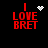 Four variations of a red pixelated text design on black background with white animated symbols above the 'I' in 'I LOVE BRET'.