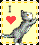 Pixelated cat reaches upward toward a red heart symbol on a yellow card with black-and-yellow border.