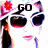 A pixelated image of a woman with dark hair and sunglasses, showing two states: 'GO' text above her head and 'RETRO!' text above her head.