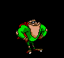 Animated sequence of a cartoon character in green clothing performing multiple gestures against a black background.