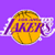 Pixelated yellow basketball with purple 'LAKERS' text and white trailing motion effect on solid purple background.