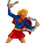 Pixelated figure with blonde hair in dynamic pose, wearing blue top and red shorts, holding a circular object while raising one arm.