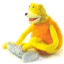 Yellow cartoon bear with orange shirt sits holding gray object, mouth open in smile.
