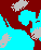 Pixelated animation of red and cyan shapes with scattered white fragments against a gray background.