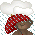 Pixelated cartoon bear with brown fur wears red polka-dot headscarf under white cloud, light blue raindrops fall on gray background.