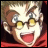 Pixelated anime-style character with wide eyes and open mouth, wearing yellow-tinted glasses and red clothing, next to stylized text on black background.