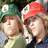 Two people wearing green and red caps with white 'C' symbols stand side-by-side on a light blue background, text reads "Dylan & Cole Sprouse" above them.
