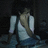 Pixelated static image of a figure in a white sleeveless top and dark pants against a dark background with blue and gray tones.