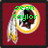 A red square icon with a circular logo featuring a Native American head in profile, yellow border, and white feathers, overlaid with green pixelated text.