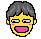 Pixel art face with gray hair, yellow skin, pink cheeks, and pink mouth in six expressions: squinting, neutral, winking, smiling, heart eyes, and open-mouthed.