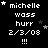 Pixelated text displays 'michelle wass hurr 2/3/08 !!!' with animated star positions shifting across frames.