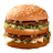 Pixelated image of a double-decker burger with lettuce and cheese on white background, next to red with black text