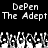 Pixelated text displays 'DePen' and 'The Adept' in two above a repeating pattern of abstract shapes on black background
