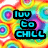 Pixelated text 'luv to CHILL' in cyan block letters with black outlines on a rainbow tie-dye background with circular patterns.
