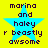 Yellow background with a blue star and pixelated text reading 'marina and haley r beastly awsome' in dark purple.