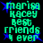Pixelated green text reads "marisa kacey best friends ever" with blue starbursts on a black background, displayed in two identical vertical
