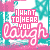 Pixelated text repeats 'I WANT TO HEAR YOU' above 'laugh' in pink and cyan on a teal background with white speckles.