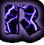 Six variations of a stylized letter R with purple and blue lightning effects on dark background, each showing different animation frames.
