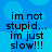 Blue background with light blue circular bokeh patterns and black text reading "im not stupid... im just slow!!!" in a pixelated font.