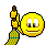 A 4x3 contact sheet of a pixel art animated icon showing a yellow smiley face character holding a broom with brown handles and green bristles, performing sweeping motions across ten sampled frames.