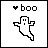 Pixelated ghost icon with 'boo' text and heart symbol, showing animation changes in heart color and background dots.
