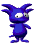 Four pixelated blue creatures with large white eyes and three horn-like protrusions on their heads, each in a distinct pose against a gray background.