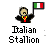 Pixelated character with dark hair and mustache holds Italian flag, wearing black jacket over red shirt with yellow emblem on gray background.