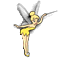 Animated sequence of a fairy character in yellow dress with translucent wings, performing dynamic poses against gray background.