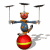 A cartoon cat in a blue outfit balances on a red ball with yellow stripes while juggling three black plates, shown