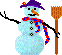 Pixelated snowman with purple hat, red-and-blue scarf, and brown broom, waving in six distinct poses against gray background.