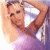 A 50x50 pixel animated buddy icon featuring a woman in a white bikini top and purple bottom, with green text "Original Icons .com" on the right side against a dark background.