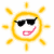 A pixelated sun icon with a circular yellow border, black sunglasses, and a pink tongue sticking out against a white background.