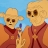 Two pixelated skeletons in red robes stand side-by-side against a blue sky and orange ground, one wearing a straw hat and holding a staff.