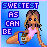 Pixel art animation of a cartoon woman in pink top and blue shorts holding a brown bag, with text "SWEETEST AS CAN BE" on blue background across three frames showing slight pose changes.