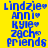 Blue pixelated text on a yellow background lists names and 'friends' with small heart symbols next to each name.