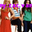 Three people stand side-by-side in a pixelated image with purple text overlay; the left person wears red, middle white and black, right green.