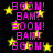 Black background with yellow stars and alternating pink text reading BOOM! and BAM! in a pattern