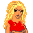 Pixel art of a woman with long blonde hair wearing red crop top and blue flared pants, standing against white background.