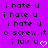 Purple background with repeated pixelated text phrases and heart symbols in black and white.
