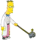 Yellow-skinned cartoon character in white lab coat and pink pants holds a long-handled tool with a dark blue and gray head, standing against white background.