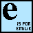 nine light blue square with black borders, each containing a large lowercase 'e' and the text 'is for EMILIE', where some letters in 'EMILIE' are white or light gray