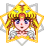 Pixel art of a character with blonde hair and purple eyes inside a yellow star frame, with white wings and a white diamond shape below.