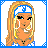 Pixel art contact sheet showing six frames of a beach-themed animated buddy icon featuring a blonde woman in blue-and-white bikini with 'Y' logo, including full-body poses, close-ups, and text display.
