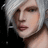 Pixelated close-up of a person with light skin, brown eyes, and short white hair against dark background.