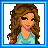Pixel art buddy icon featuring a female character with long brown hair and green eyes on the left, next to text reading "hottie burrette" on a blue background on the right.