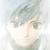 Anime-style character face with light blue hair, green eyes, and a neutral expression on a bright background.