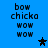 Blue background with pixelated text 'bow chicka wow wow' repeated in two , each containing four instances of the phrase. A black star appears below the right 's second instance and a blue star below its fourth instance