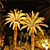 Two palm trees with golden fronds against a dark background, rendered in pixelated style with warm yellow and orange tones.
